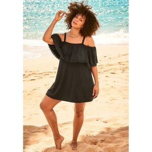 Swimsuits for All Swim 365 Laser Cut Off The Shoulder Swim‎ Dress Black Size 26